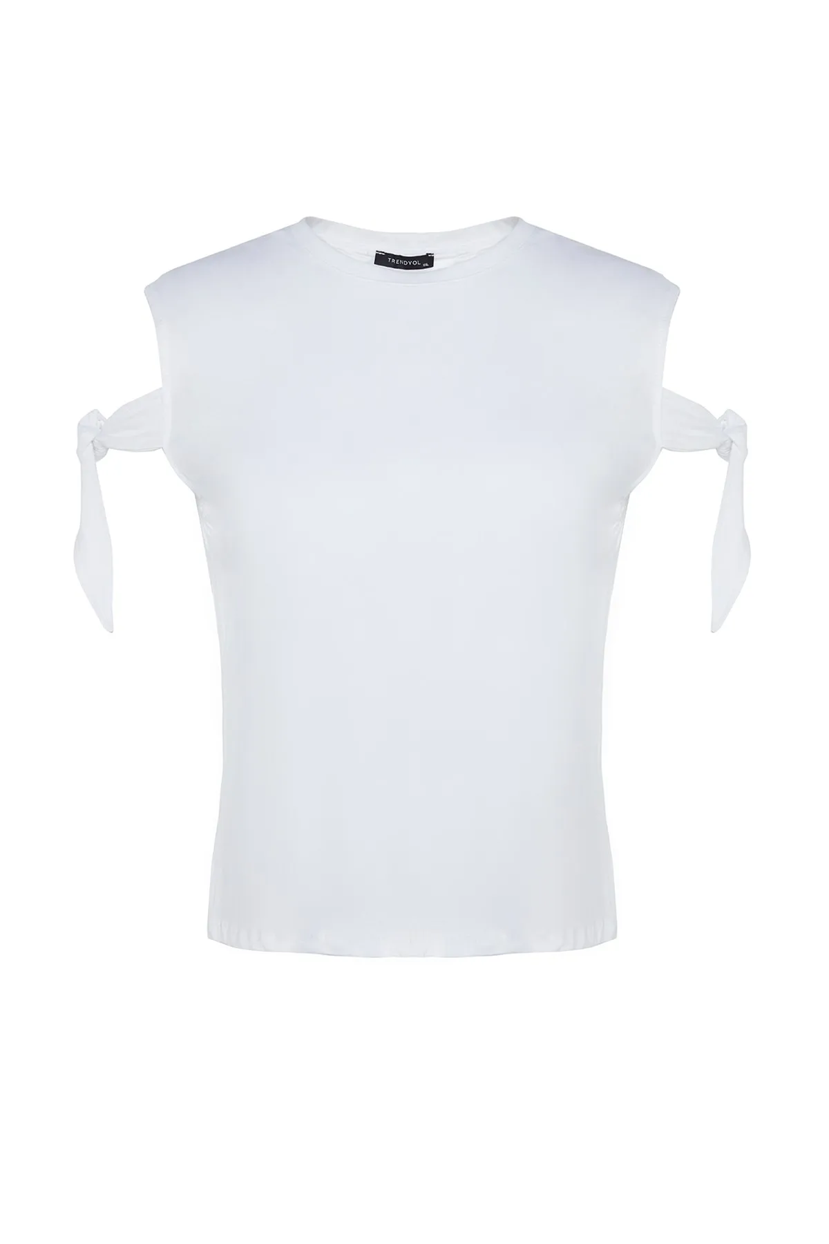 Trendyol Curve  Weißes Strick-T-Shirt mit Bindedetail an den Ärmeln TBSSS22BF0003