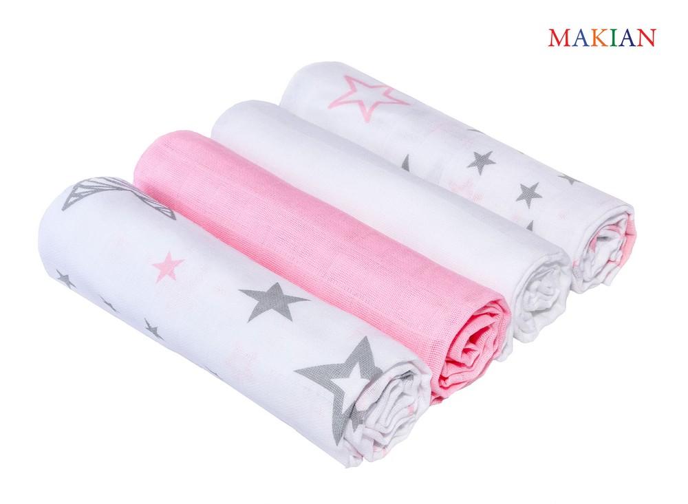 Makian Mullwindeln, 4er Set, Design Sterne/rosa, 80x80cm