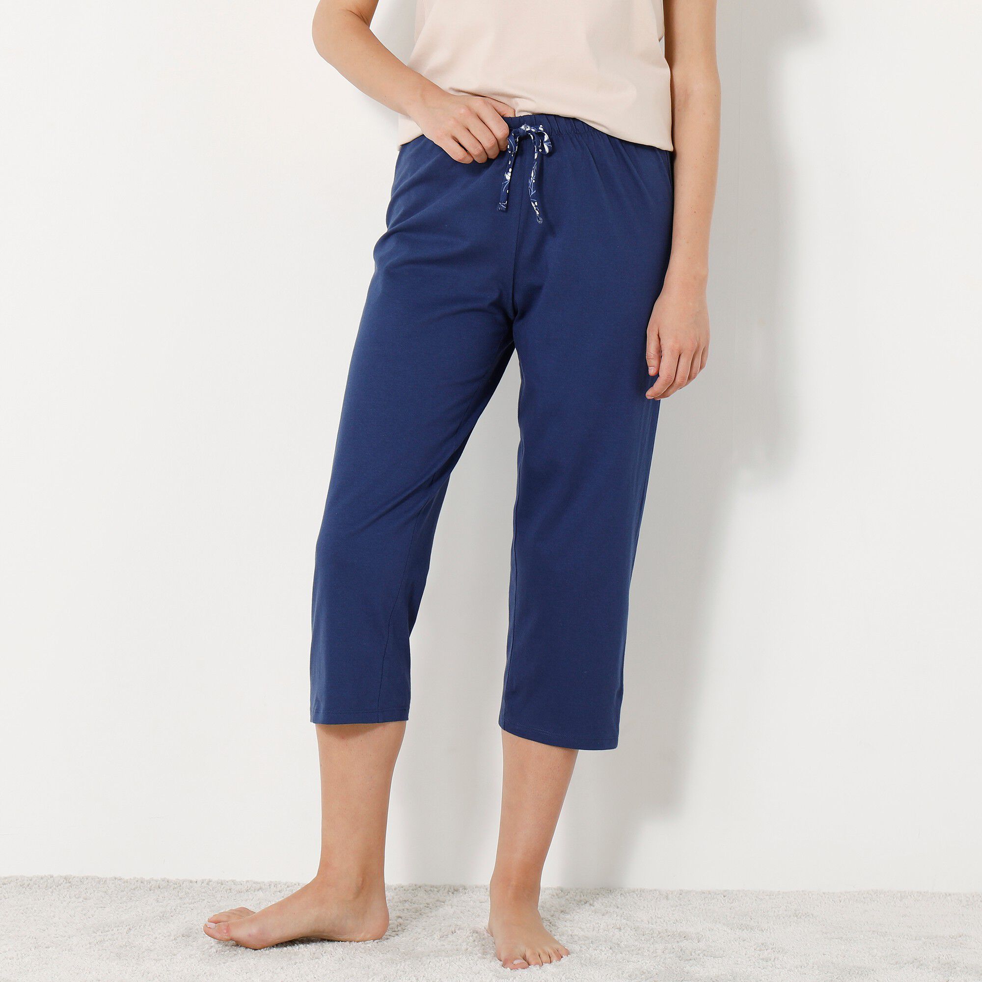 Pantacourt pyjama coton uni avec noeud imprimé floral