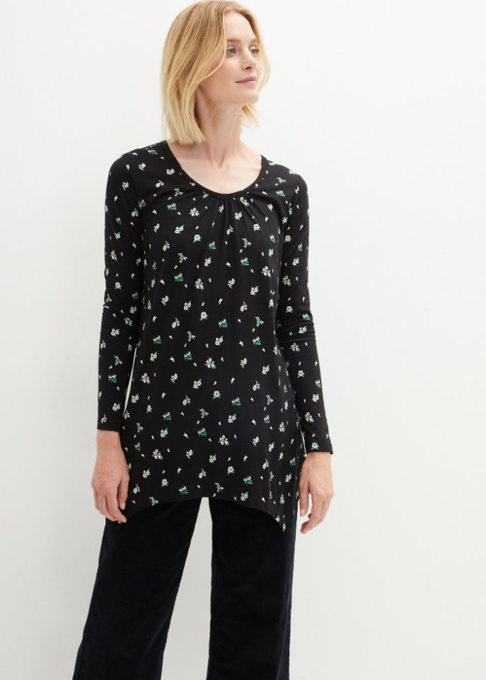 Bedrucktes Zipfel-Shirt mit V-Ausschnitt