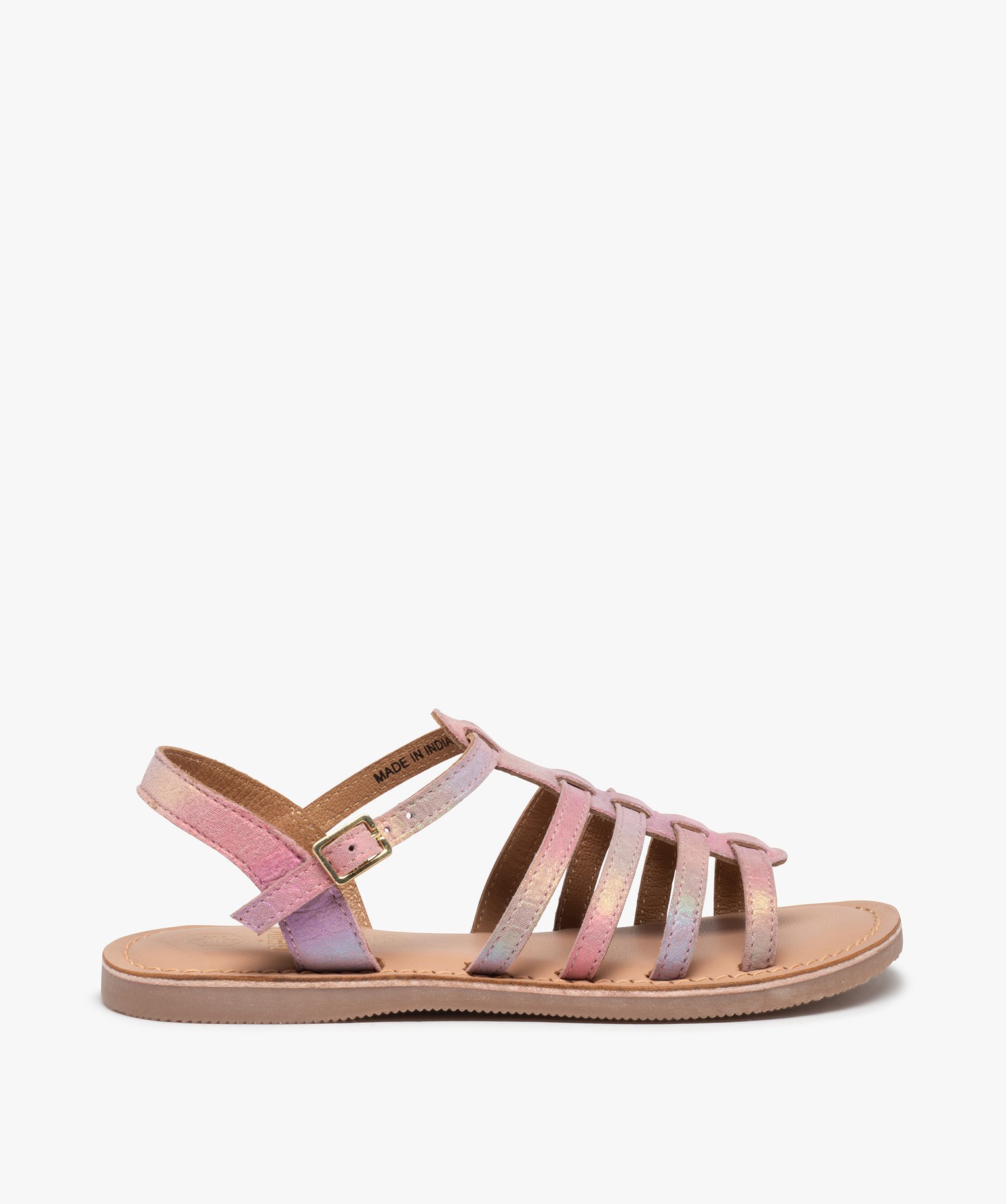 Sandales fille à brides multiples en cuir reflets irisés rose | GEMO
