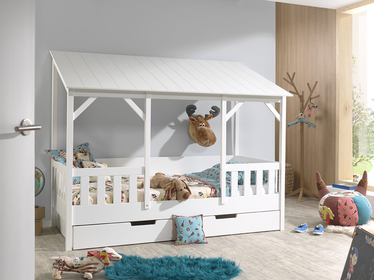 VIPACK Hausbett mit 90 x 200 cm Liegefläche und Bettschublade, Korpus Weiß lackiert, Dach in Weiß
