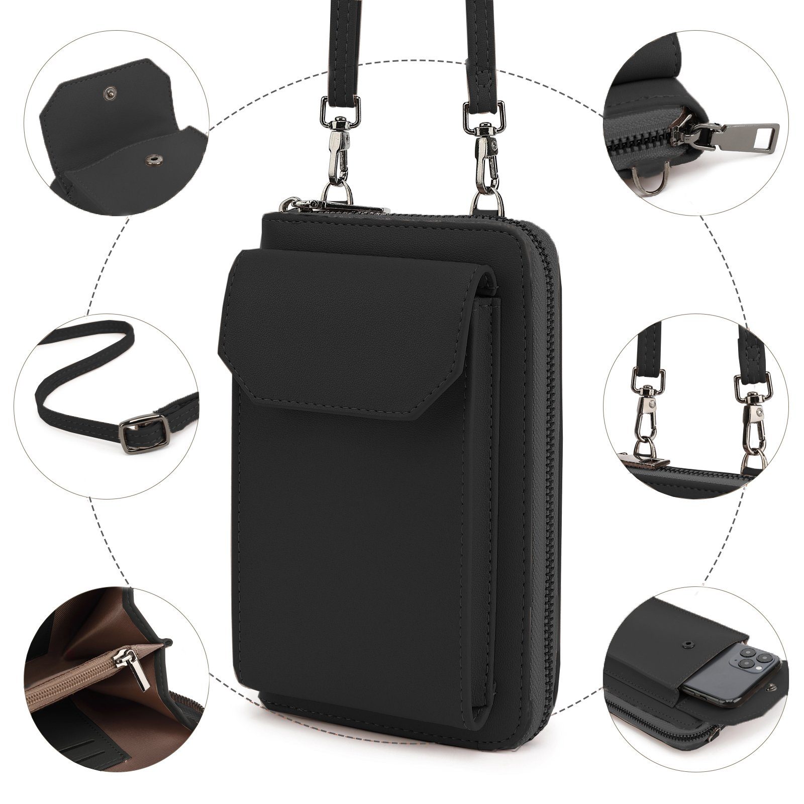 TAN.TOMI Umhängetasche Umhängetasche klein, Handytasche Damen, Handy Tasche Geldbörse, mit RFID-Schutz, abnehmbarer Schultergurt