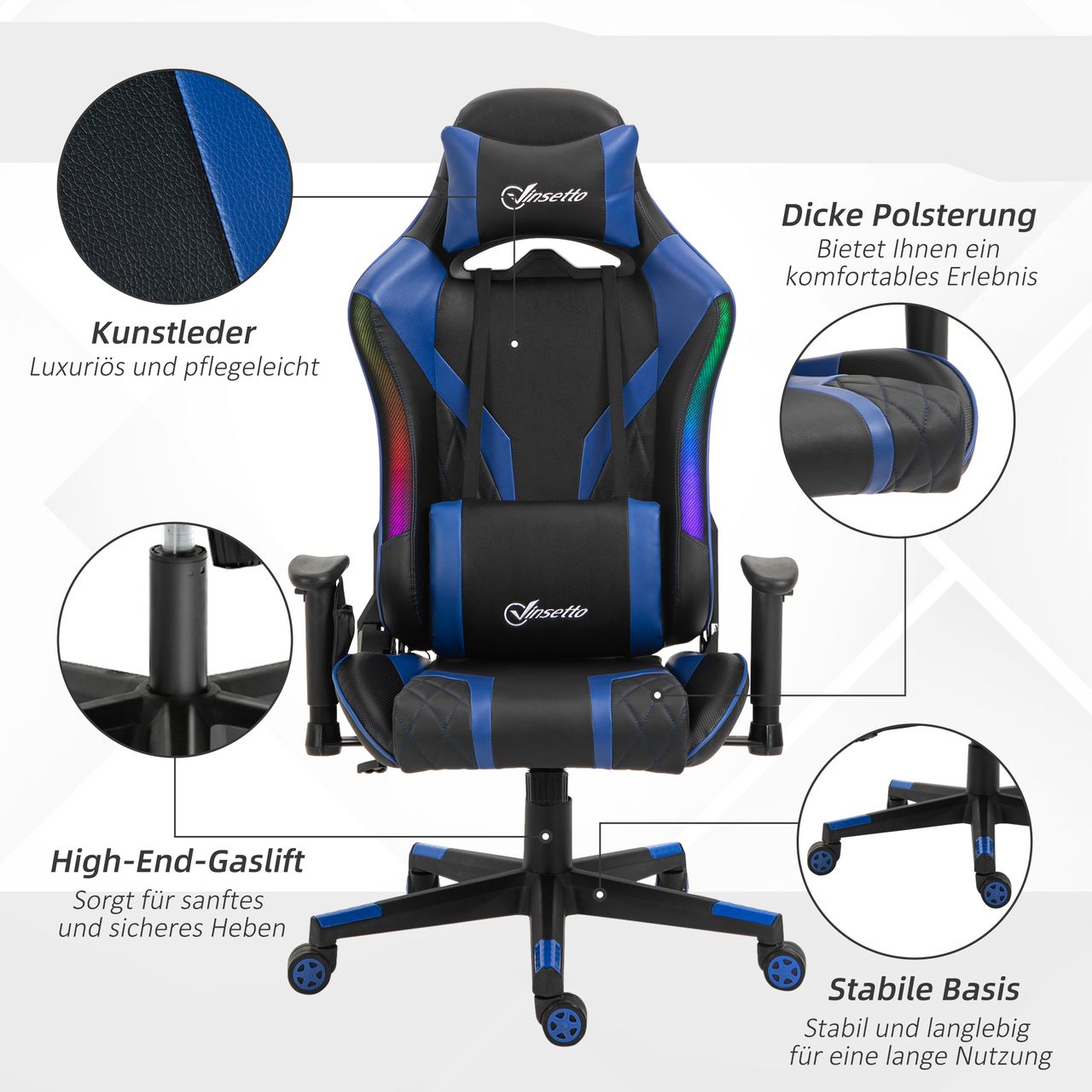 Vinsetto Bürostuhl LED Gaming Stuhl ergonomischer Drehstuhl mit Liegefunktion Handlauf anhebbar Schaumstoff Kunstleder Nylon Schwarz Blau 70 x 57,5 x 126-136 cm
