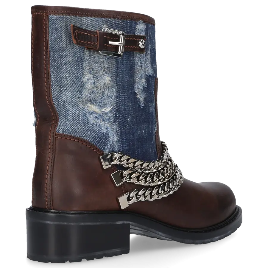 Dsquared2 - Cowboy-/ Bikerstiefeletten Denim Kalbsleder Zierkette Zierschnalle blau braun - braun