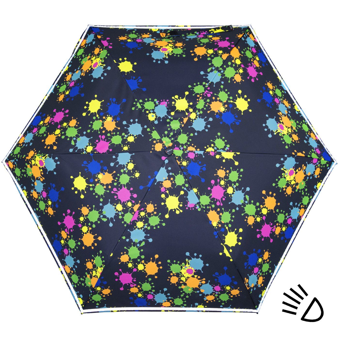 Knirps® Taschenregenschirm Kinderschirm 4Kids reflective mit Reflexborte, Sicherheit auf dem Schulweg, bunte Paintdrops
