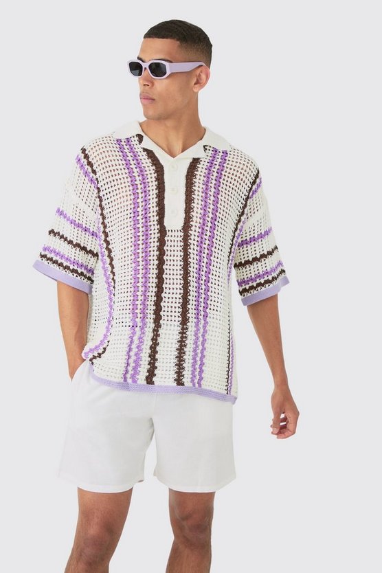 Oversize Strick-Poloshirt mit Streifen