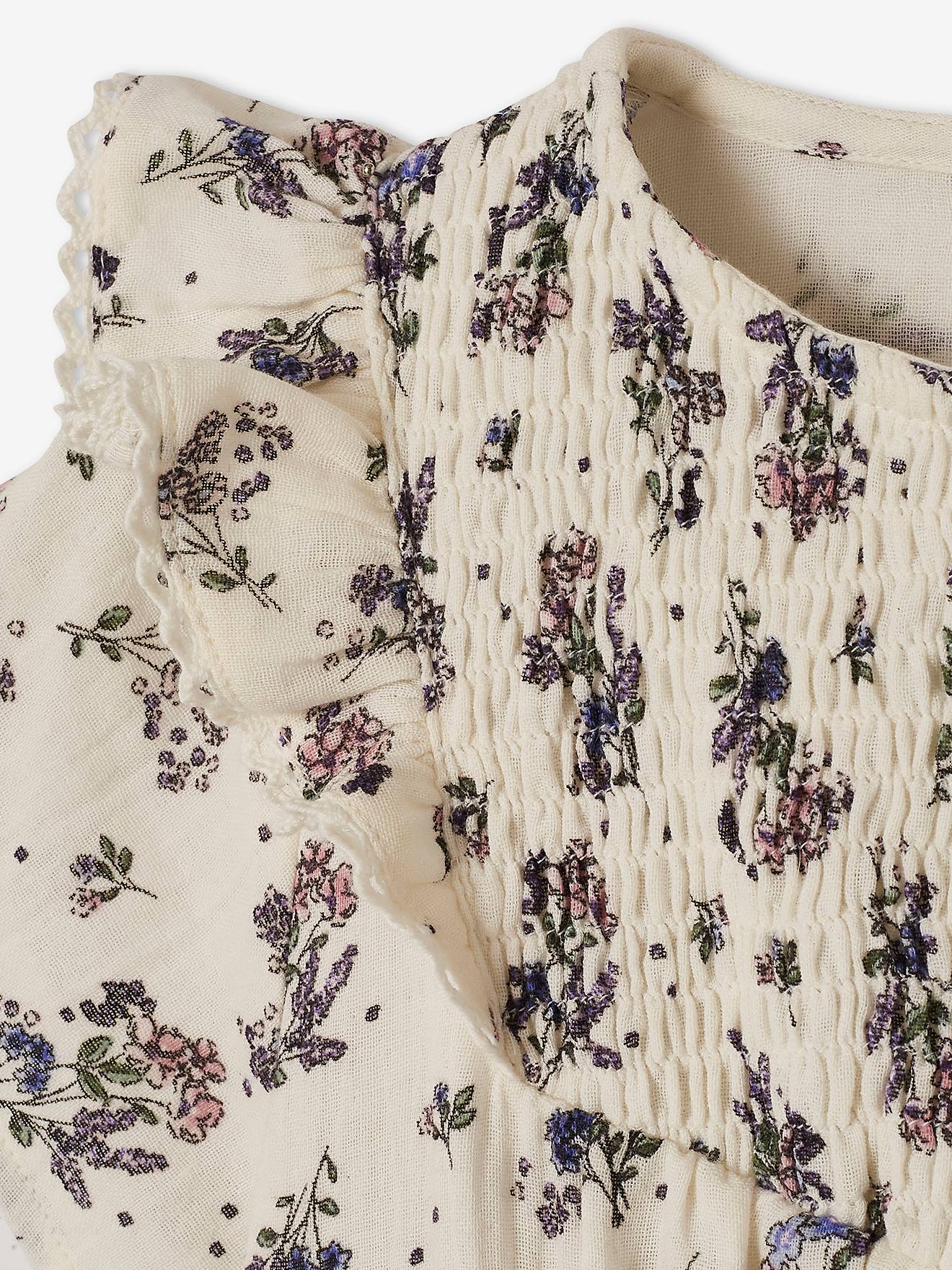 Robe à smocks motifs fleurs fille beige imprimé