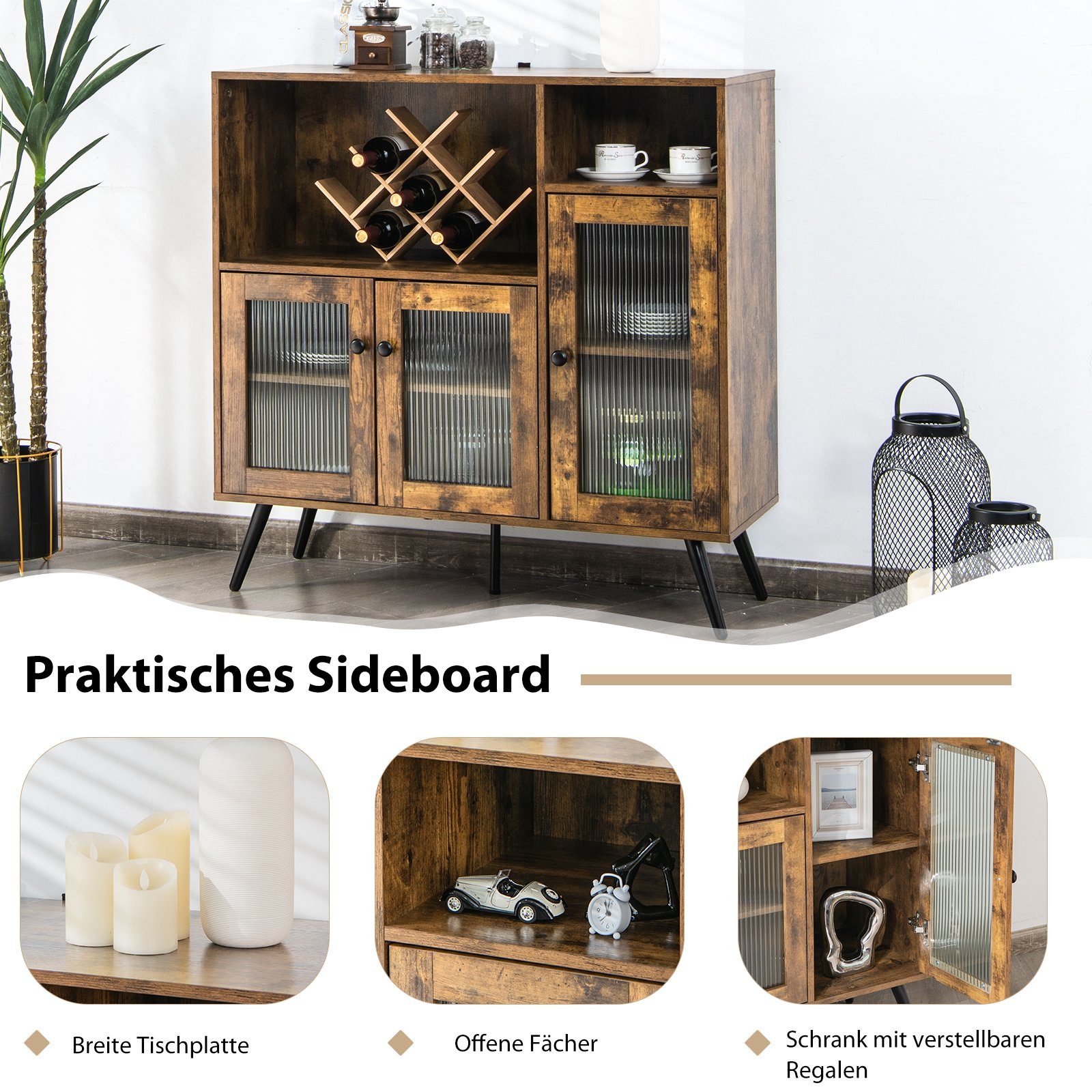 COSTWAY Küchenbuffet mit Glastüren & Fächern, Kippschutz, 100x39,5x100cm