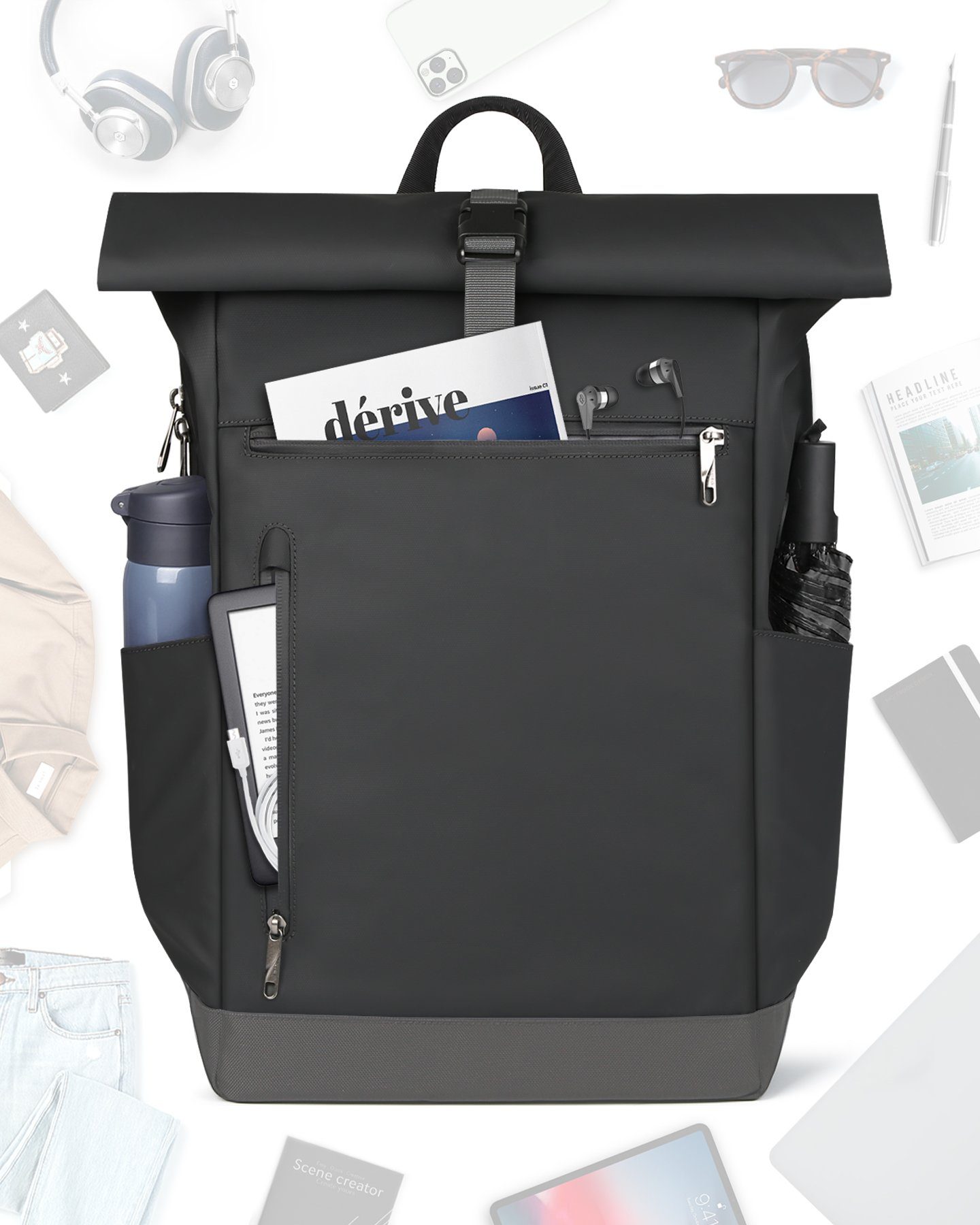 Inateck Laptoprucksack RollTop Rucksack Herren Damen 25L-30L Schulrucksack
