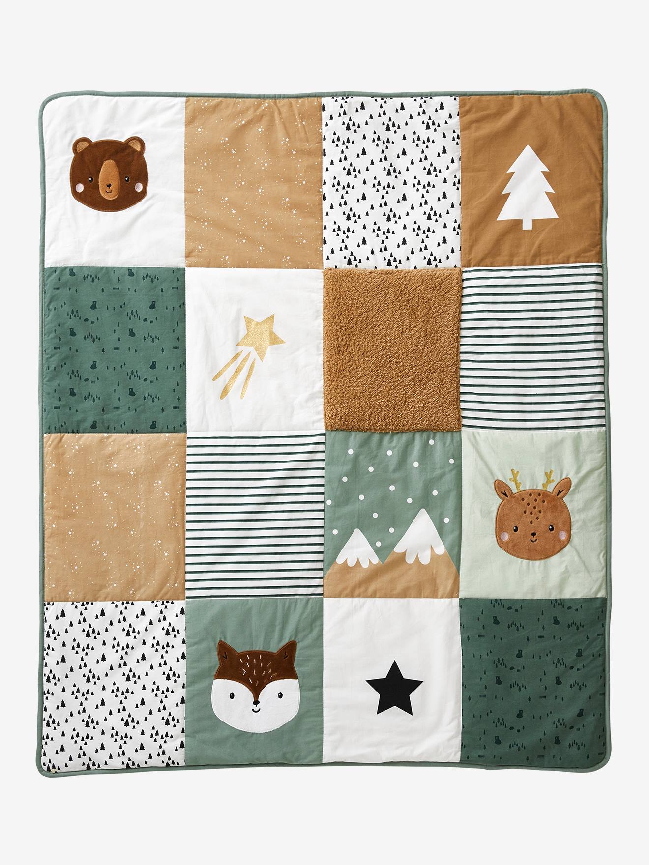Vertbaudet Baby Spieldecke/ Laufstalleinlage GRÜNER WALD, Patchwork-Design Oeko-Tex - wollweiß/mehrfarbig