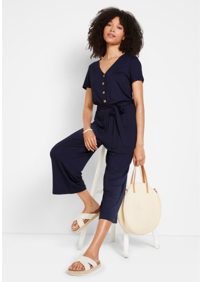 Jersey-Jumpsuit mit V-Ausschnitt, kurzarm