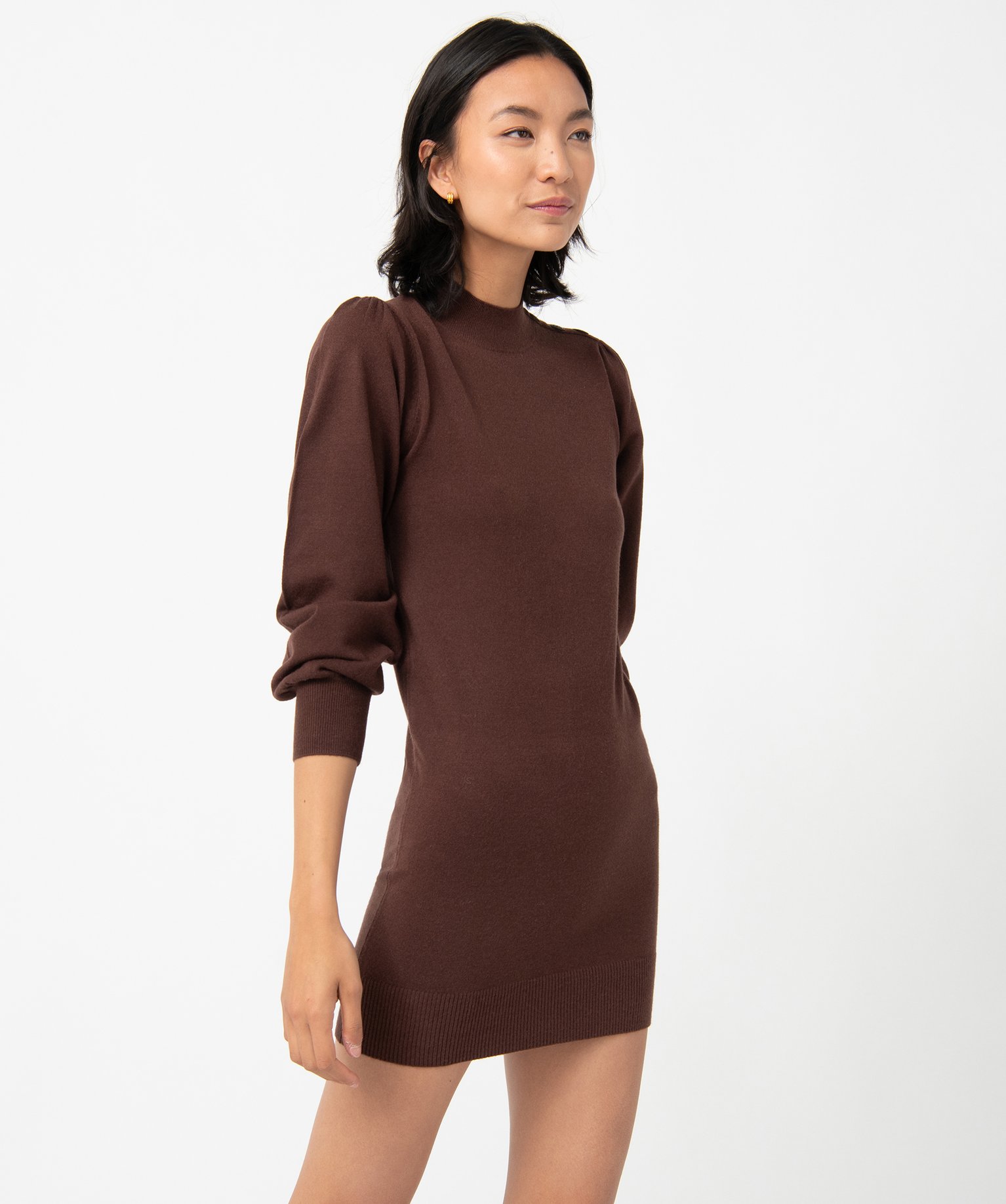 Robe pull femme en maille à manches longues et col montant marron | GEMO