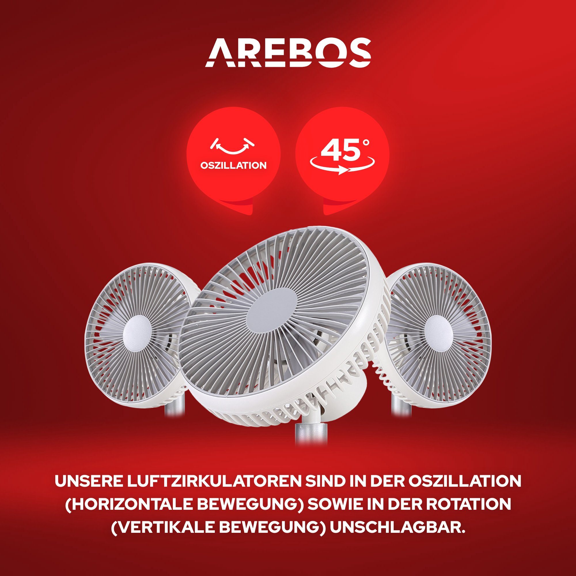 Arebos Tischventilator USB-Tischventilator mit Timer, wiederaufladbarer 2500 mAh