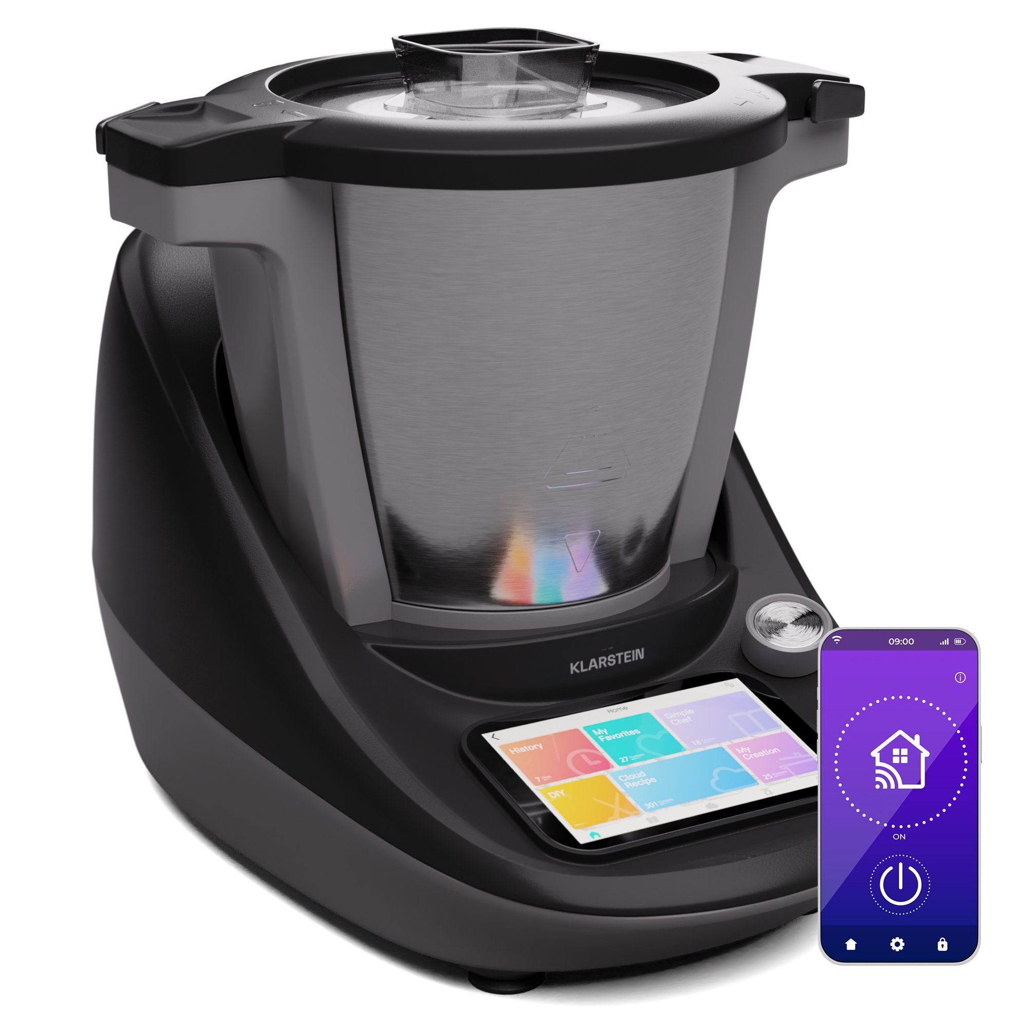 Klarstein Küchenmaschine mit Kochfunktion Aria Select Smart, 1700 W, 4.7 l Schüssel, Dämpfaufsatz Waage 4,7 L Edelstahl Touch App