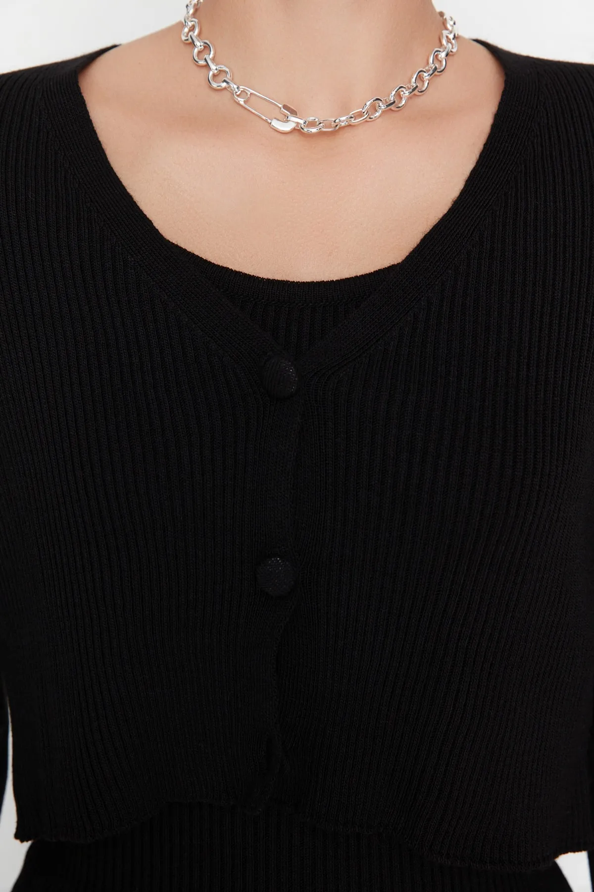 Trendyol Collection  Schwarz Schwarzer, taillierter Midi-Strick-Cardigan-Anzug TWOSS21EL0208 Kleid TWOSS21EL0208