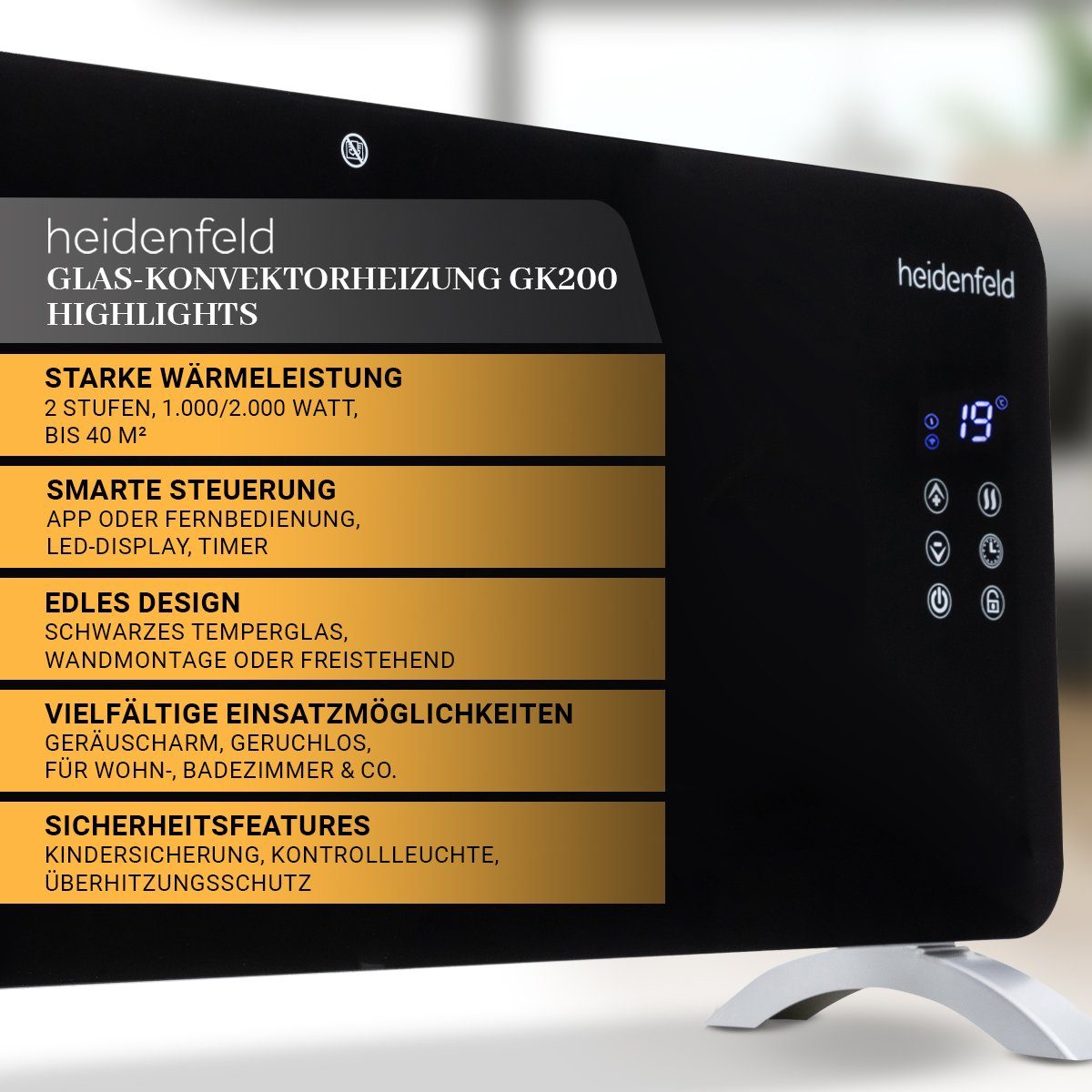 Heidenfeld Konvektor Glaskonvektor GK200 - 2000 W inkl. 3 Jahre Garantie Heizgerät, 2000 W, Elektro Heizung - LED-Bedienfeld und Fernbedienung - Kindersicherung