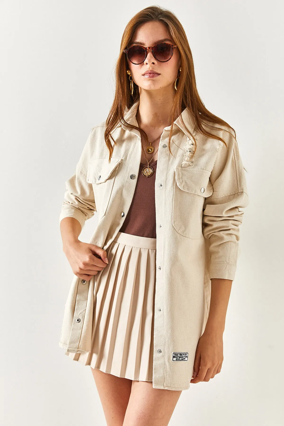 Olalook  Dickes Damenhemd mit abtrennbarem Stein und Patch-Detail CKT-19000169
