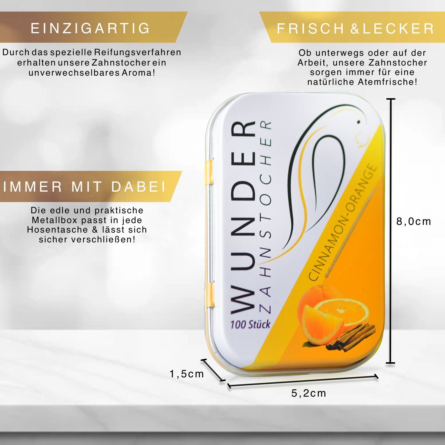 Wunder Zahnstocher Mundpflegecenter Wunder Zahnstocher mit Geschmack - Metalldose - Zimt/Orange