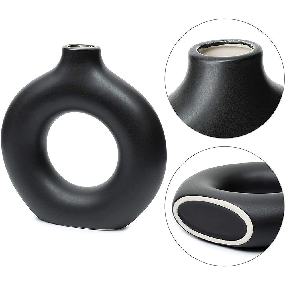 zggzerg Dekovase Keramik Vase für Pampasgras, Schwarze Donut Vase Deko Wohnzimmer Runde