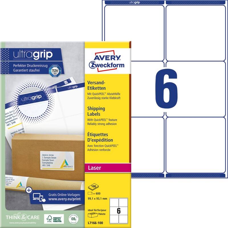 AVERY Zweckform Abziehhilfe QuickPEEL,ultragrip Versandetiketten L7166 100 Selbsthaftend DIN A4 Weiß 99,1 x 93,1 mm 100 Blatt à 6 Etiketten