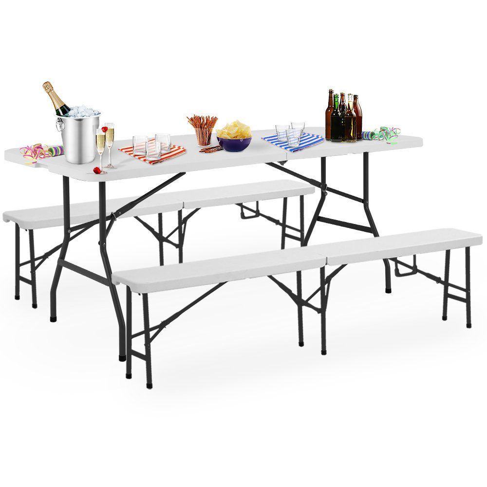 Casaria Bierzeltgarnitur, (3-tlg), 180 cm Klappbar Kunststoff 2x Bierbank 1x Breiter Tisch Holz