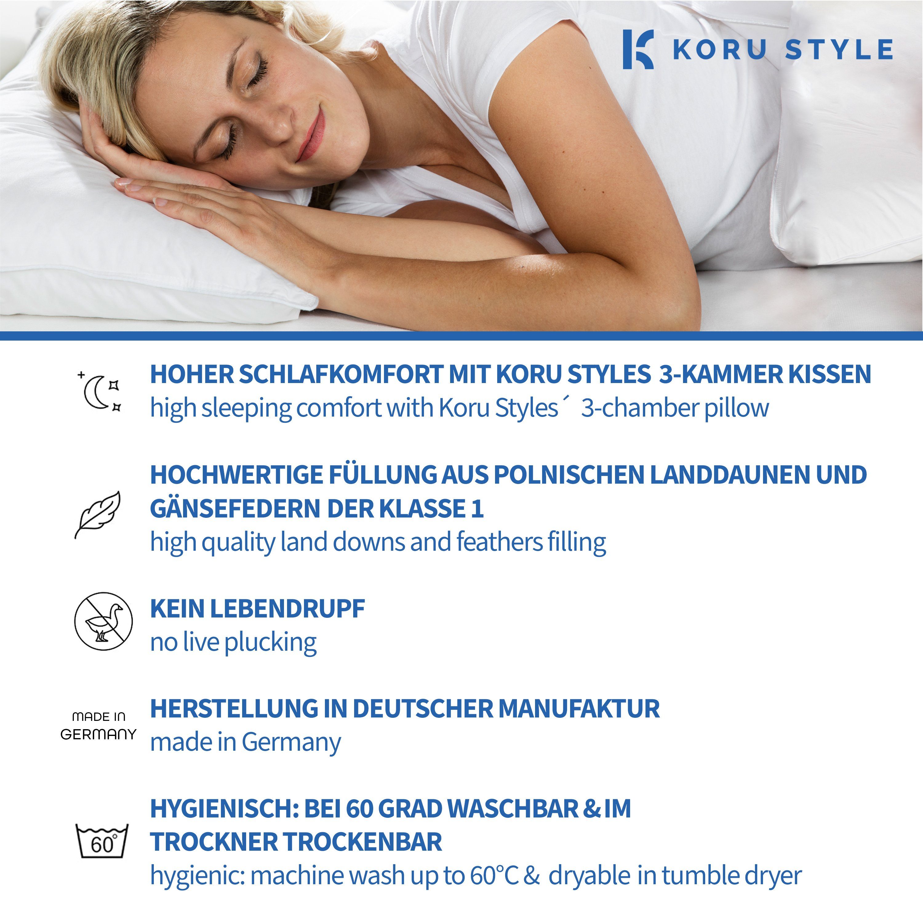 Federkopfkissen Kopfkissen Premium mit weichem Stützkomfort, Koru Style, Füllung: 85% Daunen / 15% Federn - Klasse 1, Bezug: 100% Baumwolle, hochwertig verarbeitet, allergikergeeignet, hergestellt in Deutschland
