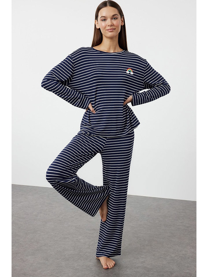 trendyol Pyjama in Dunkelblau/ Weiß günstig kaufen