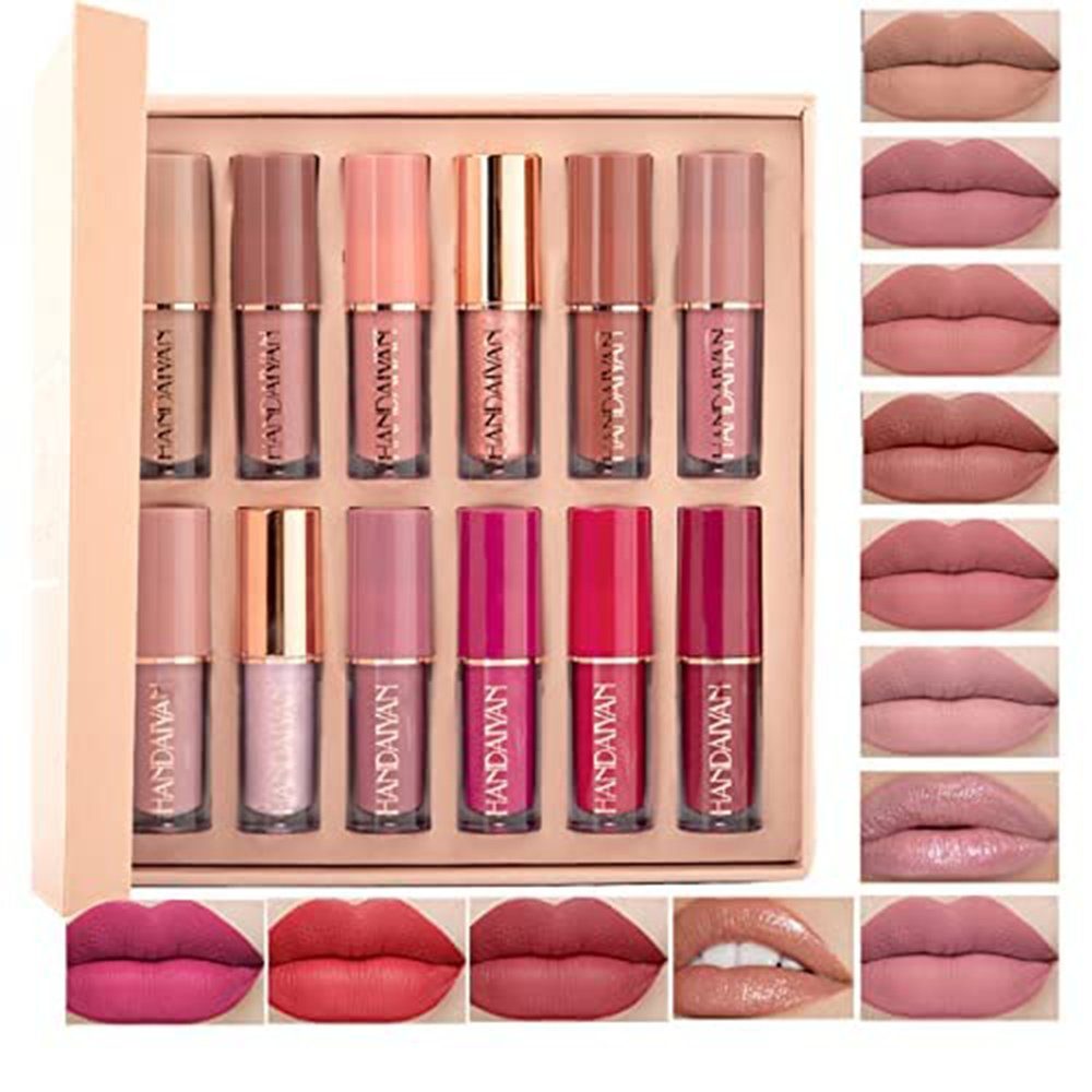 Haiaveng Lippenstift-Set 12 Farben Matt Ink Lippenstift Set,Matt Nudetöne Rose Pink, 12-tlg., Hoher Erfassungsgrad