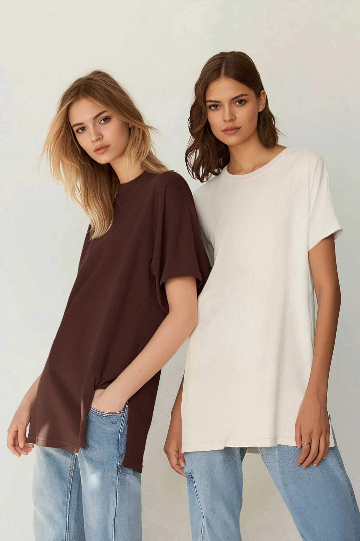 Trendyol Modest  Braun-beige 2er-Pack geschlitzte, kurzärmlige Basic-Strick-T-Shirts mit Rundhalsausschnitt TCTSS21UK0009