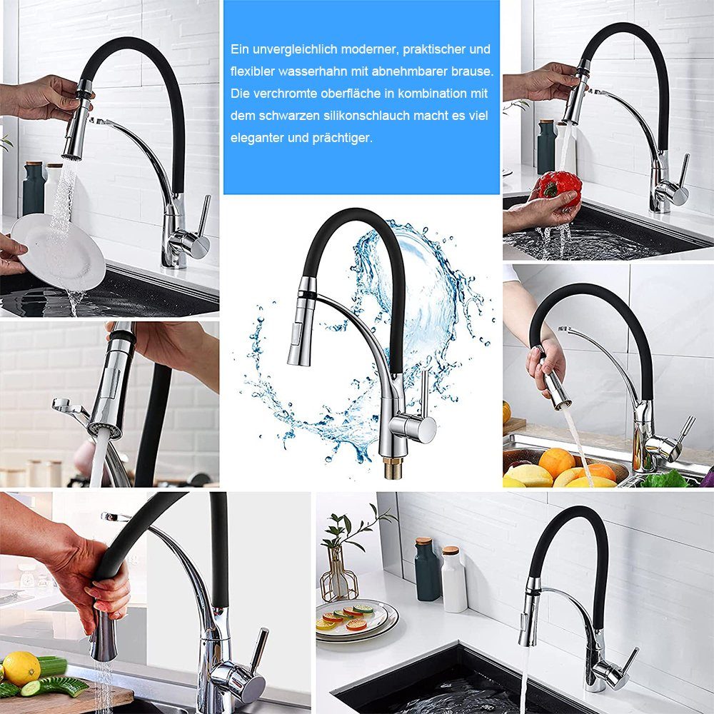 XIIW Waschbeckenbrause Wasserhahn Küche Küchenarmatur Brause Armatur Mischbatterie Hochdruck (Höhe: 425mm) Spültischarmatur 360° Schwenkbar, mit Herunterziehen