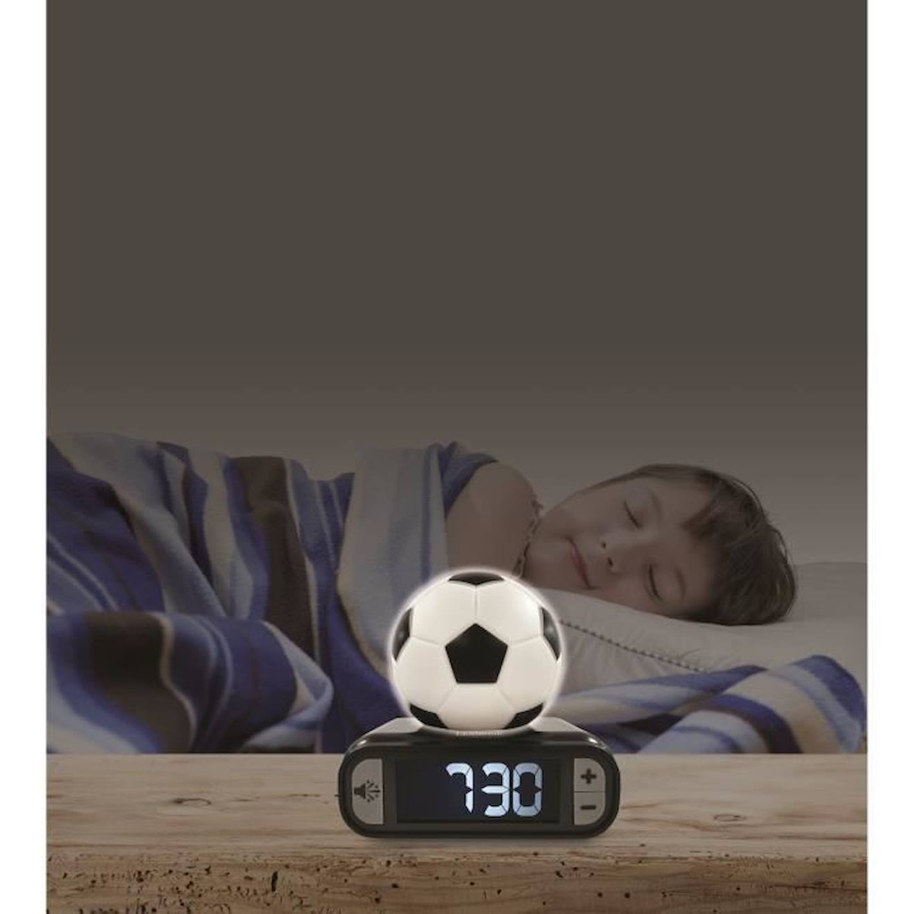 Réveil digital avec veilleuse lumineuse football en 3D et effets sonores blanc