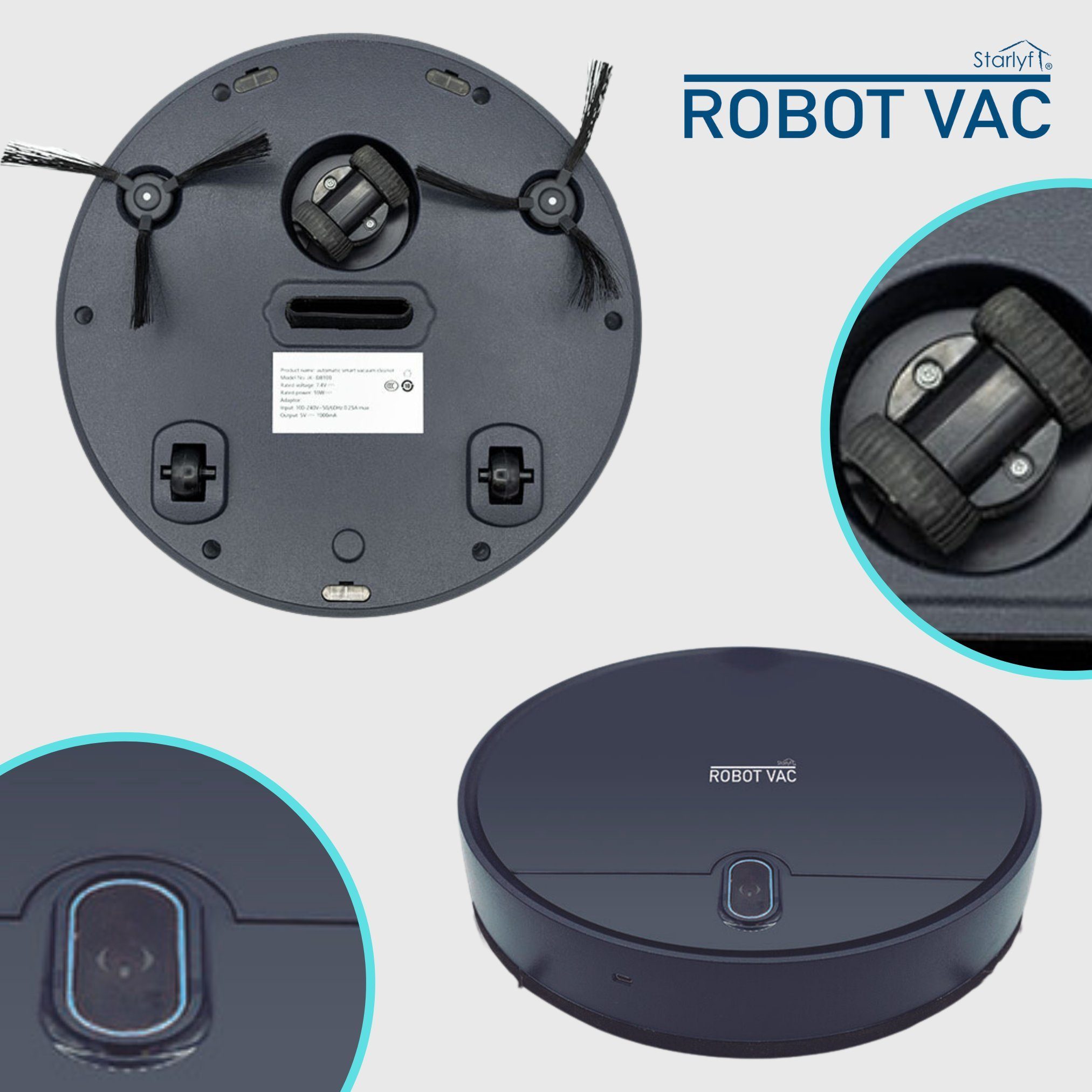Starlyf Saugroboter Robot Vac, 10,00 W, beutellos, Staubsaugerroboter mit Wischfunktion, Teppich, Hartböden, 7,4V, leise