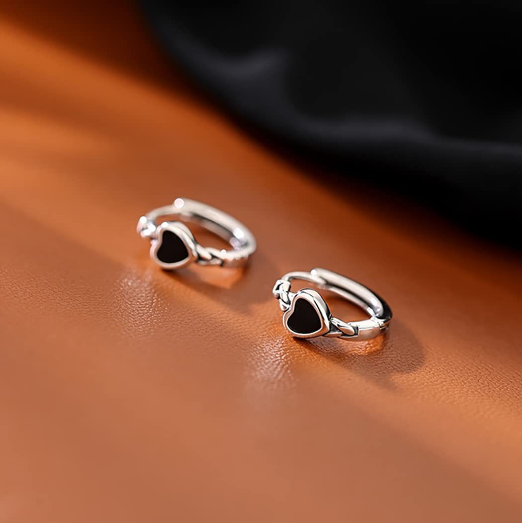 POCHUMIDUU Paar Ohrhänger 925 Sterling Silber Schwarz Herz Huggie Hoop Ohrringe (2-tlg., Retro Kleine Ohrringe Knorpel Helix Ohrringe), für Frauen Teenager Mädchen