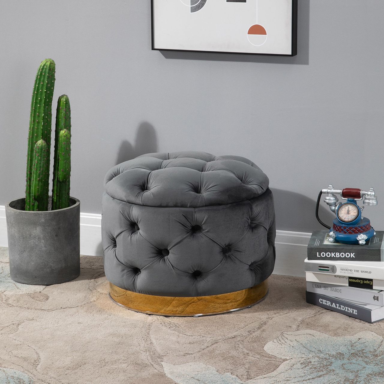 HOMCOM Vintage Hocker, Sitzhocker mit Stauraum, Polsterhocker, Stoff, Metall, Schaumstoff, Pappelholz, Kohlegrau, 55 x 55 x 42 cm