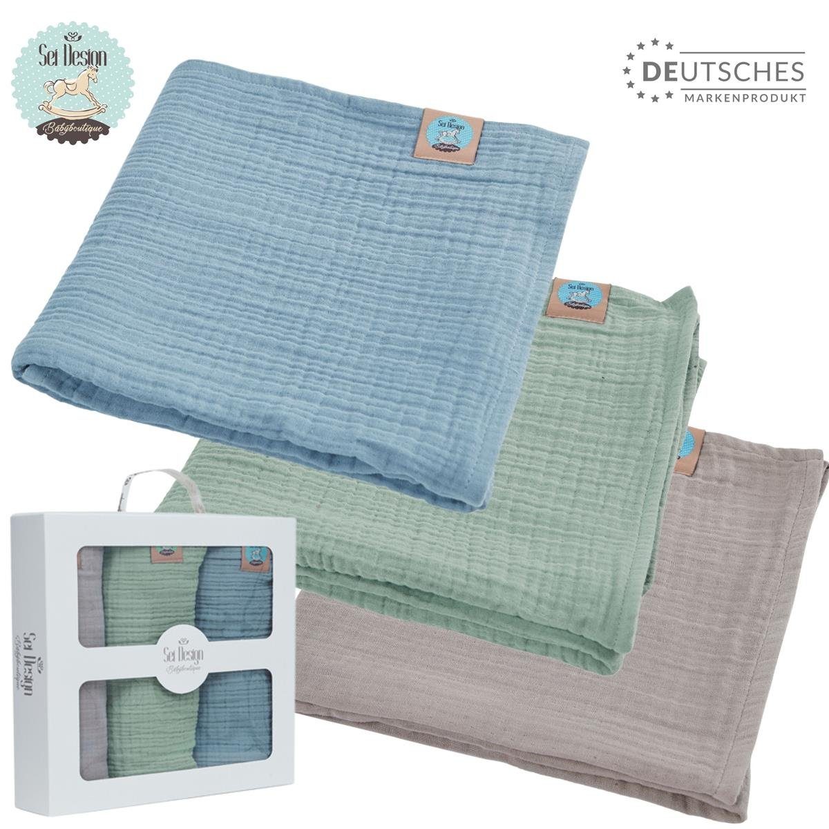 Babydecke Musselin 80x80 Pucktuch Mulltuch, SEI Design, 3ér Pack inkl. Geschenkverpackung