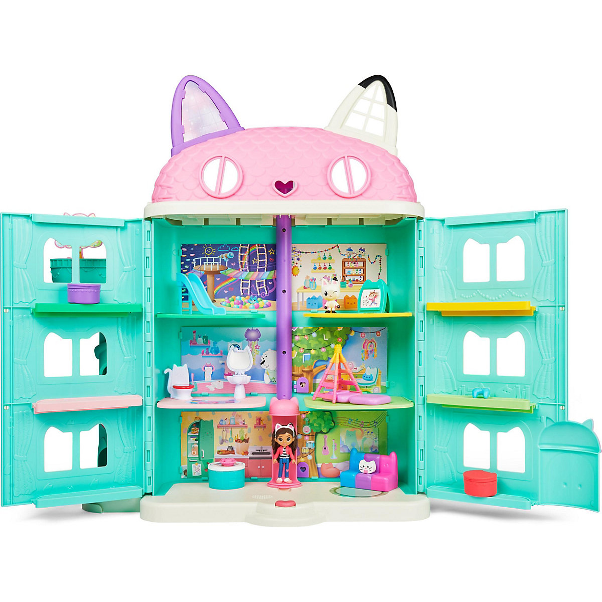 Gabby‘s Dollhouse, Puppenhaus mit 2 Spielzeugfiguren, 8 Möbelstücken, 3 Zubehörteilen, 2 Überraschungsboxen und Geräuschen, geeignet für Kinder ab 3 Jahren