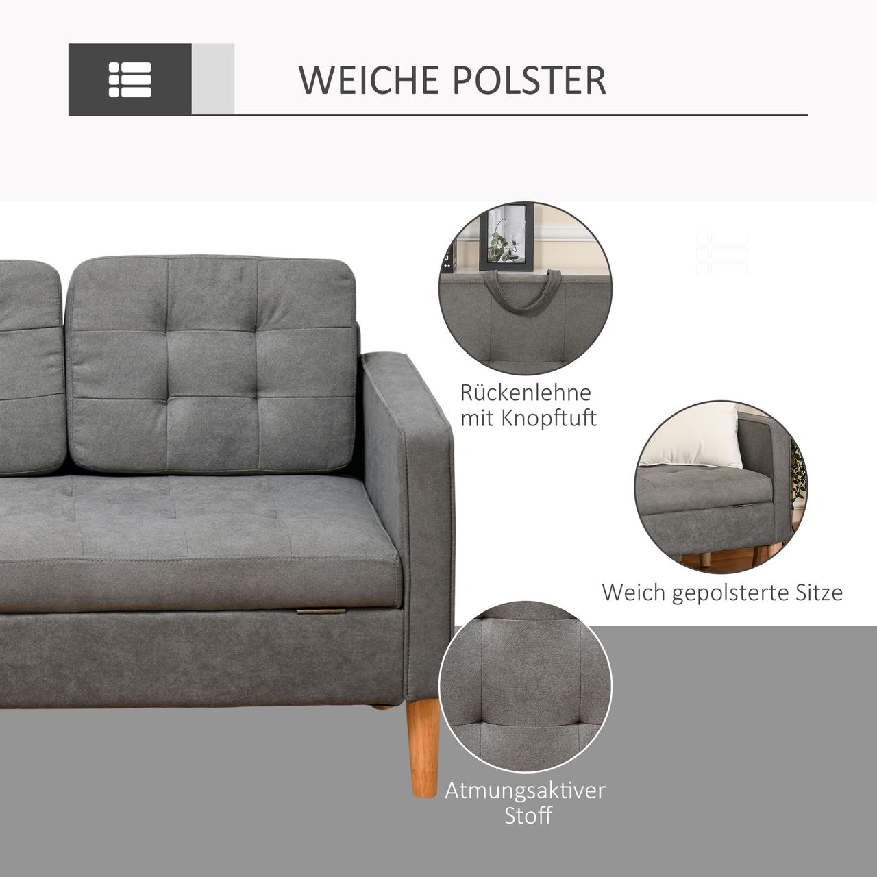 HOMCOM 3-Sitzer Sofa Stoffsofa Doppelsofa abnehmbar mit Kissen Gummiholz Baumwoll Grau 166,5 x 62 x 82 cm