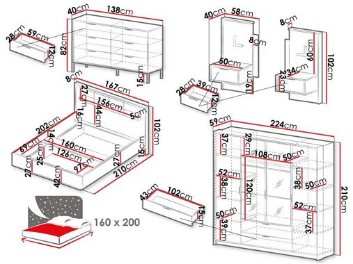 Mirjan24 Schlafzimmer-Set Milton I, (5er-Set, Kommode, 2x Nachttisch, Kleiderschrank, Bett), Metallgriffe in der Farbe Schwarz