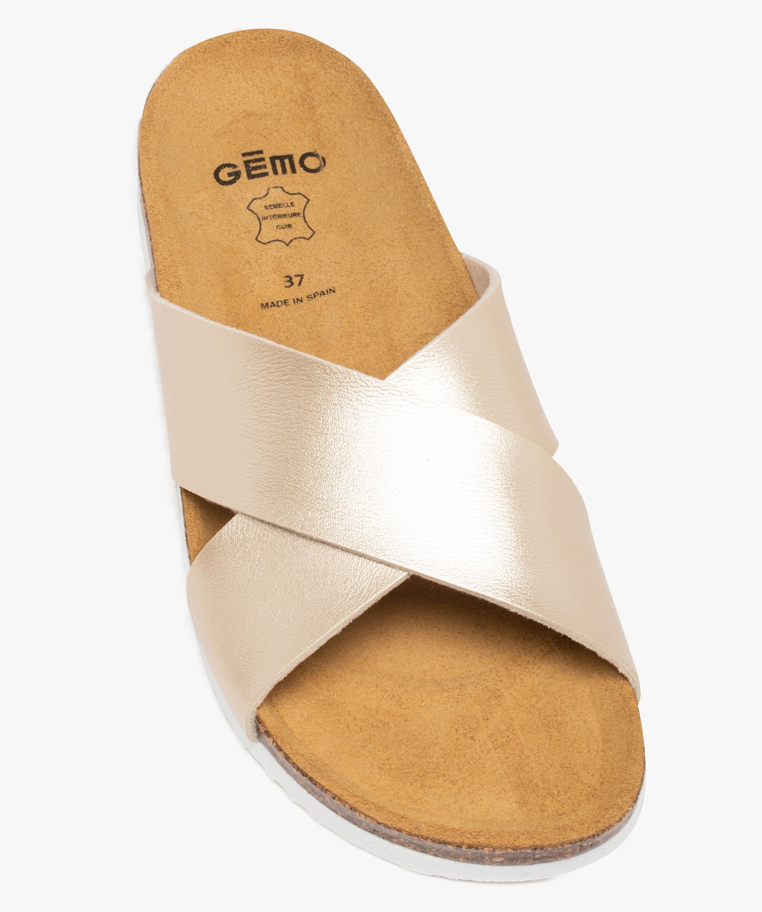 Mules femme à talon plat et larges brides croisées or | GEMO