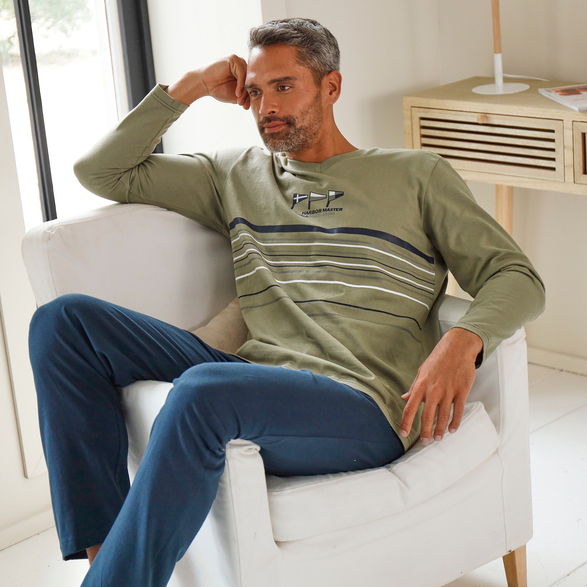 Pyjama long col V manches longues coton adouci