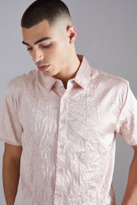 Kurzärmliges Satin-Hemd in Knitteroptik