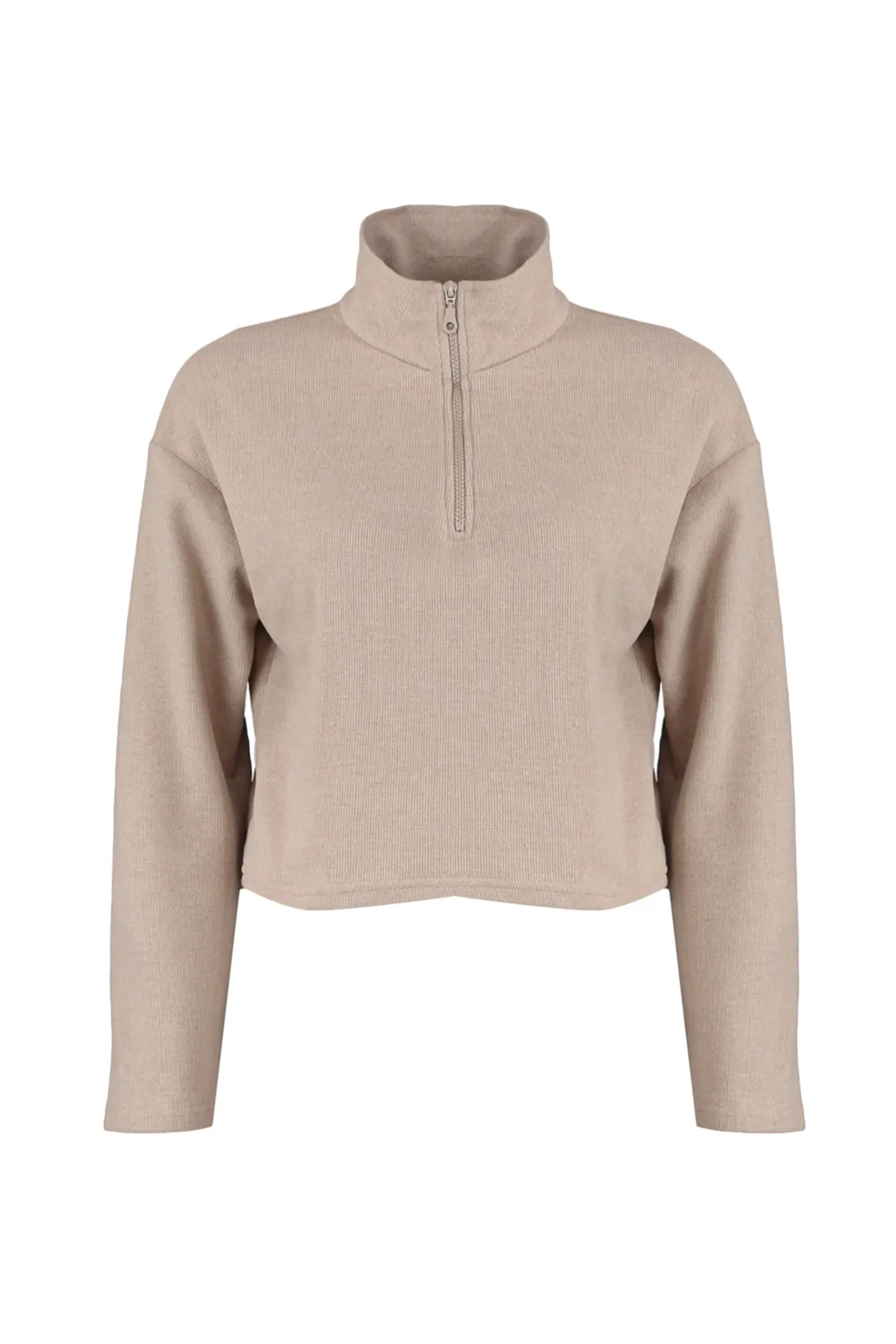 Trendyol Collection  Beiges Strick-Sweatshirt Thessaloniki/Strickoptik mit Reißverschlusskragen, Regular/Normal Fit, TWOAW22SW0732