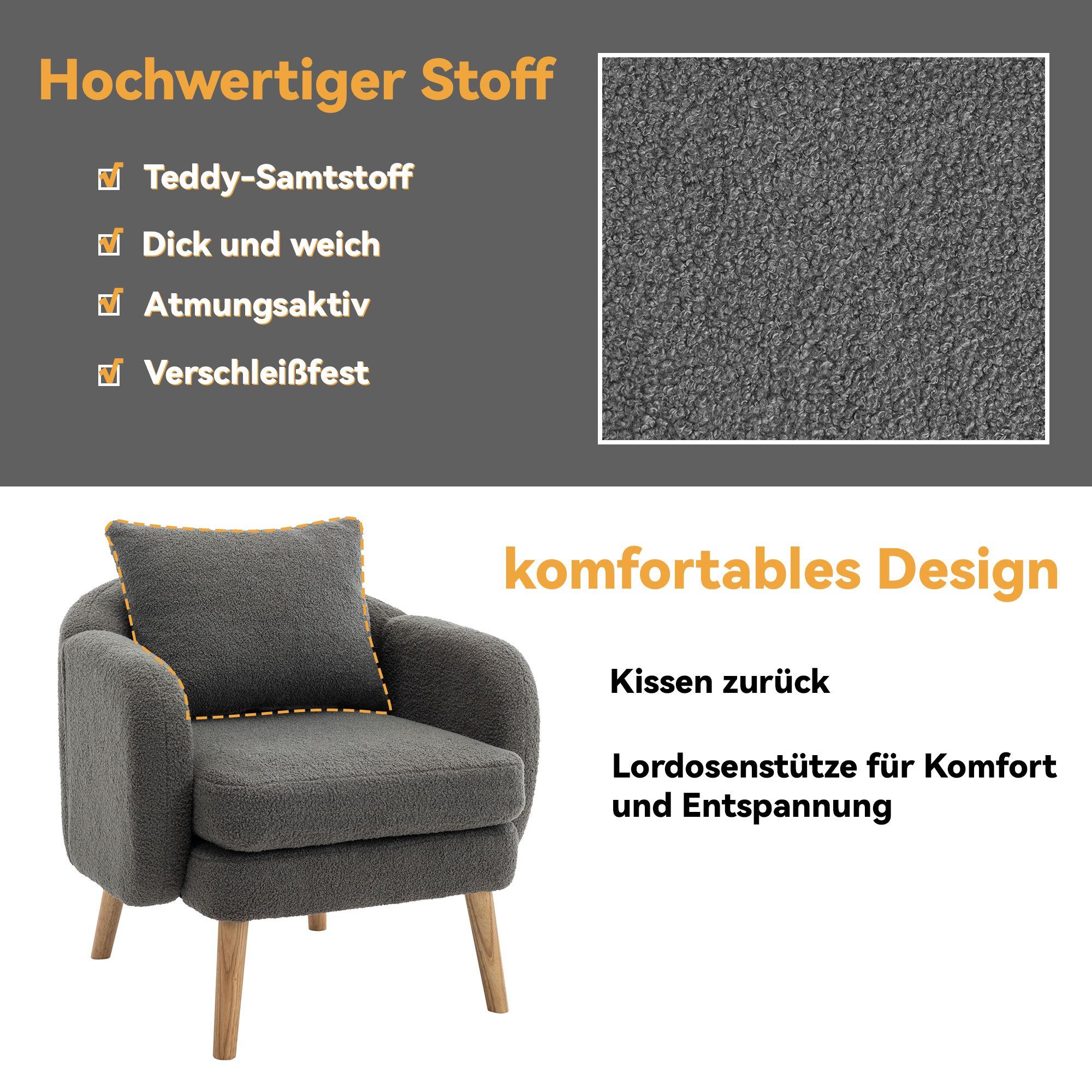 OKWISH Sessel Polstersessel Armlehnensessel Freizeitsessel Einzelsessel Loungesessel (mit Kissen, Sessel mit extra dickem Kissen, Beine aus Massivholz), Moderner, schlichter Teddy-Samtstuhl