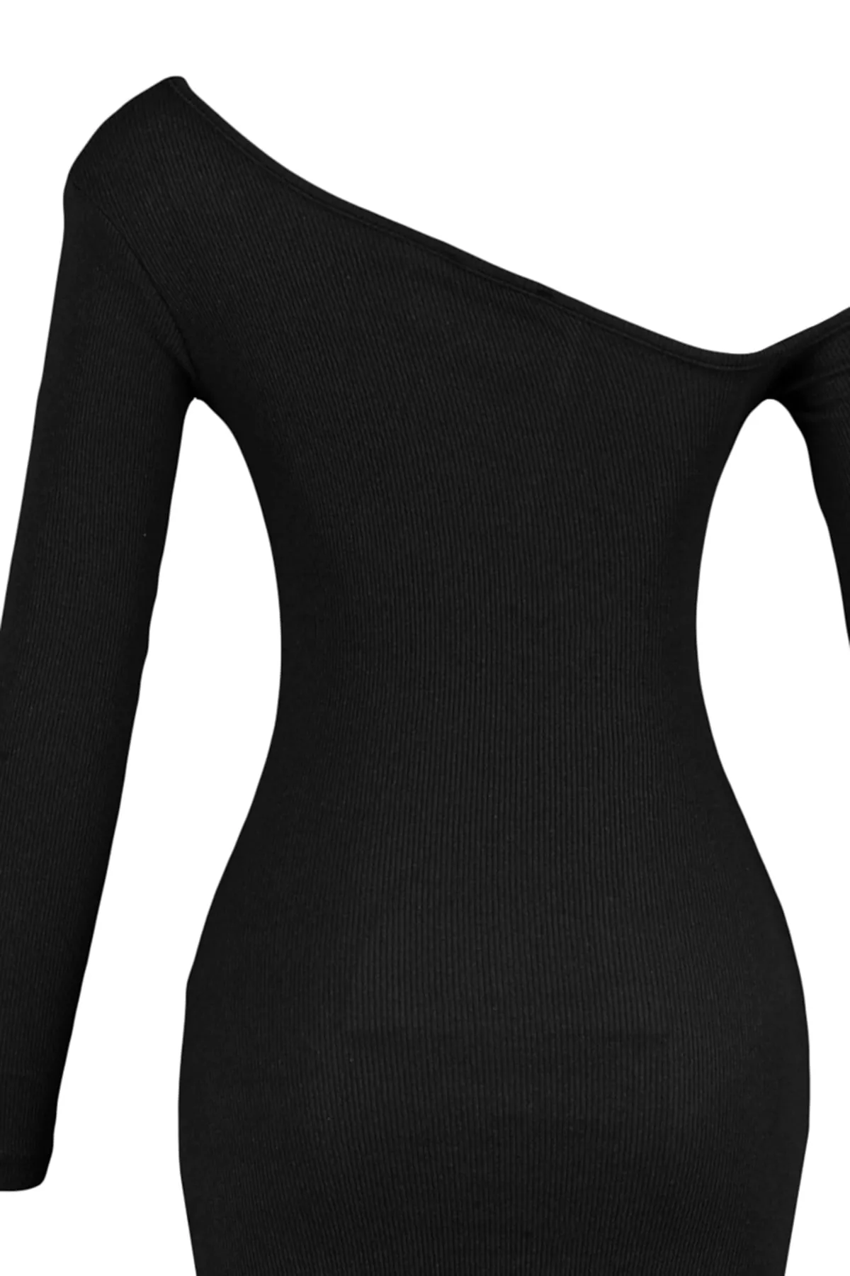 Trendyol Collection  Schwarzes, figurbetontes, schulterfreies Mini-Bleistiftkleid aus flexiblem Strick mit asymmetrischem Kragen und geripptem Saum TWOAW23EL00118