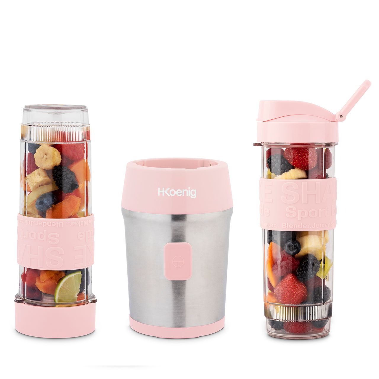 H.Koenig Mini-Mixer/Smoothiemaker SMOO12 /kompakt / 570 ml / BPA-frei / leistungsstark / 300 W / 4 Edelstahlklingen / 2 Flaschen mit Reisedeckel inklusive, Pink