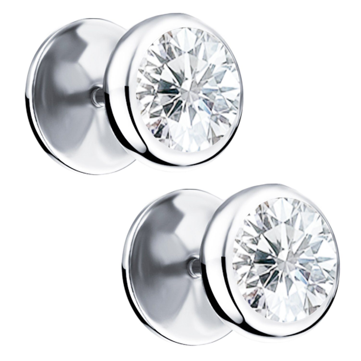 Ditz Paar Ohrstecker Fake Plug Titan runder Ohrstecker mit Zirkonia Stein in Silber, Fake Plug Piercing Ohrstecker zum Schrauben rund Damen Herren Ohrring