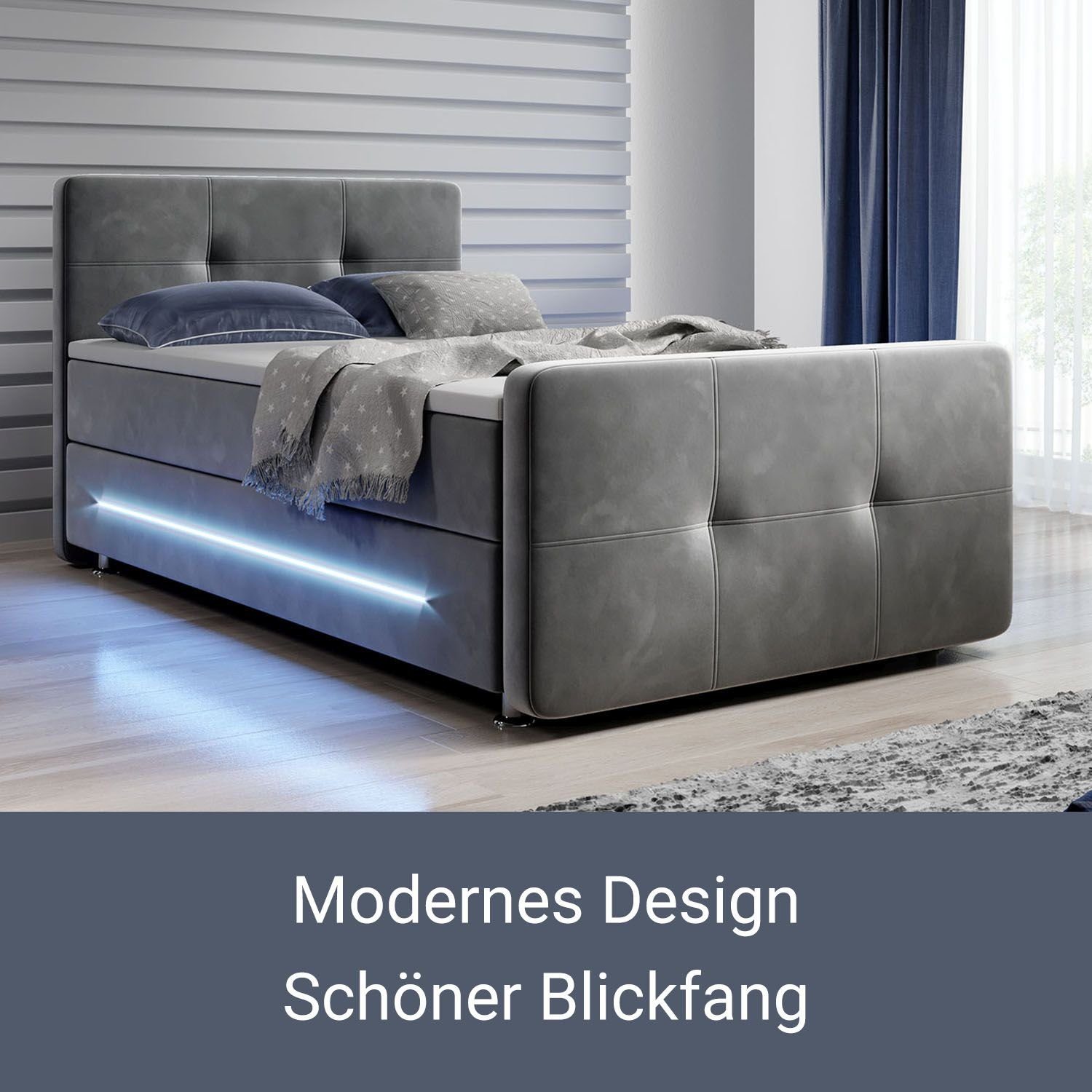 Juskys Boxspringbett Houston, 120x200 cm, Bonell-Federkernmatratzen, Topper, LED-Beleuchtung