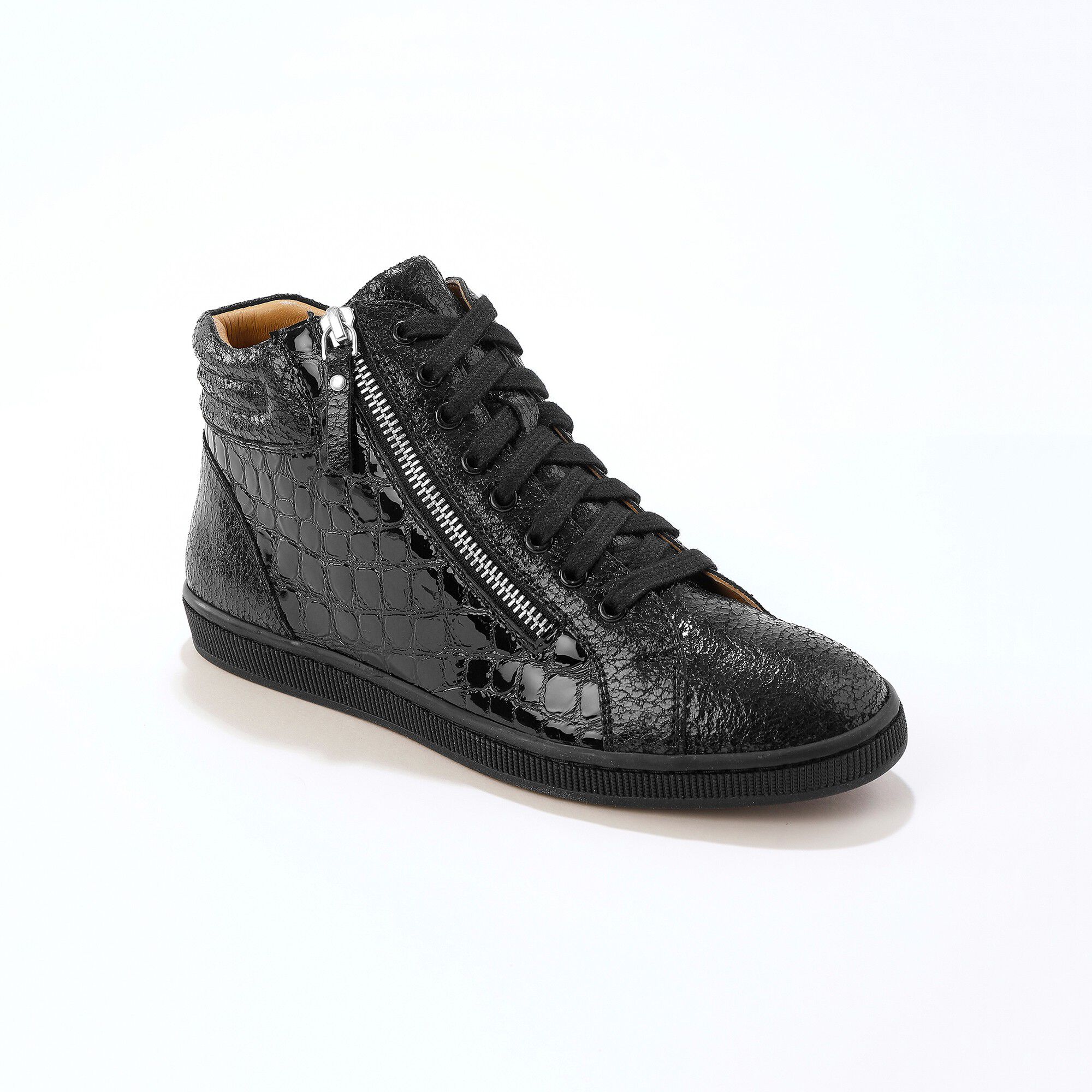 Basket montantes zippées en cuir souple effet croco
