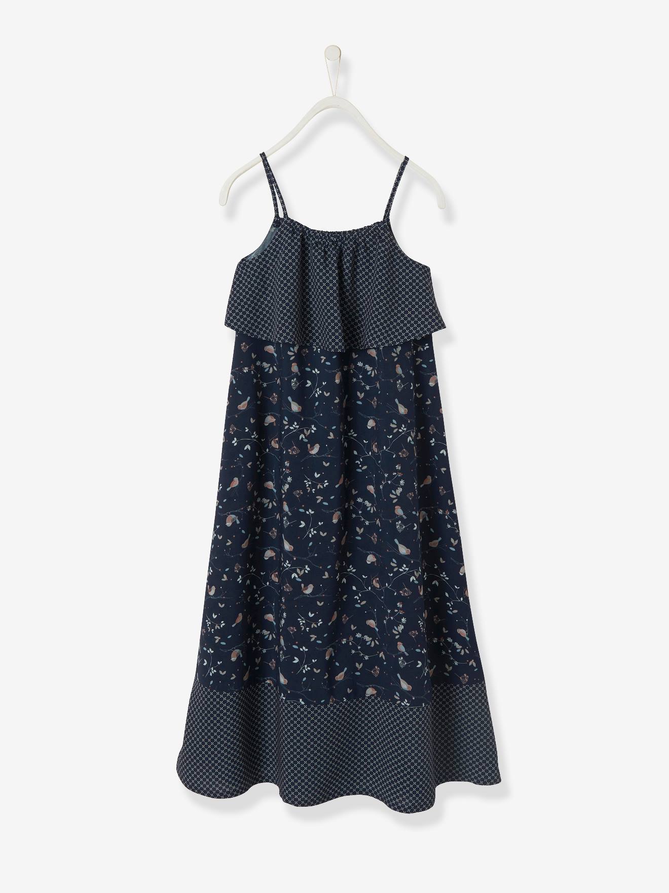 Robe longue à bretelles imprimée fille encre imprimé